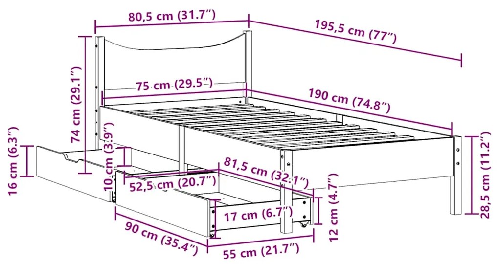 Estrutura de cama com gavetas 75x190 cm pinho maciço branco
