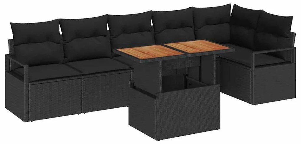 Sofá de Jardim 7 Peças com Almofadas em Rattan Preto e Madeira de Acác