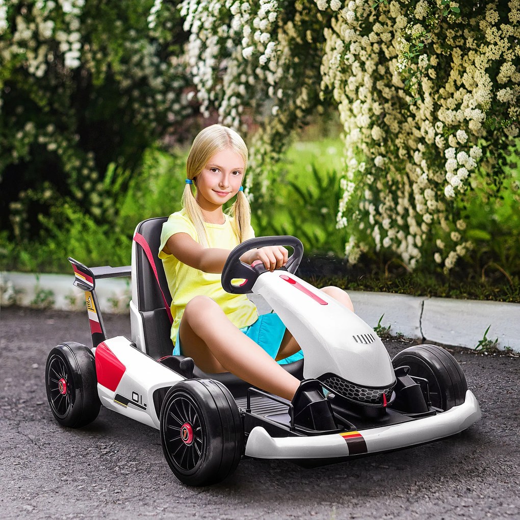 HOMCOM Kart Elétrico para Crianças de 4-8 Anos Go Kart Racing de Bateria 12V com Velocidade 3-6 km/h Controlo Remoto Música Buzina Carga Máxima 50kg 116x74x57,5cm Branco