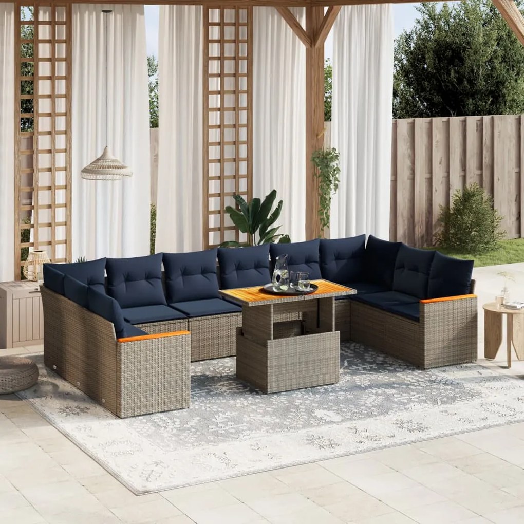 vidaXL 11 pcs conjunto sofás de jardim c/ almofadões vime PE cinzento