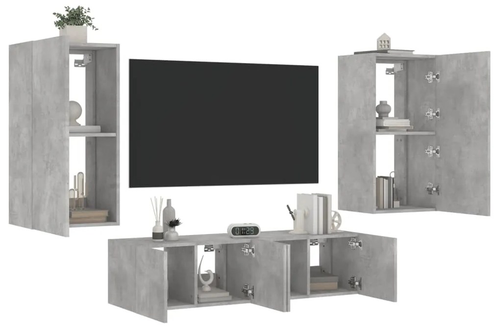 vidaXL 4 pcs móveis parede p/ TV c/ LEDs deriv. madeira cinza cimento
