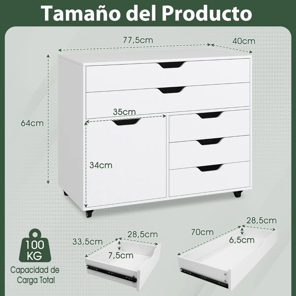 Cómoda de 5 gavetas com porta 5 rodas Armário de arquivo Suporte para impressora Armário de escritório 77,5 x 40 x 64 cm branco