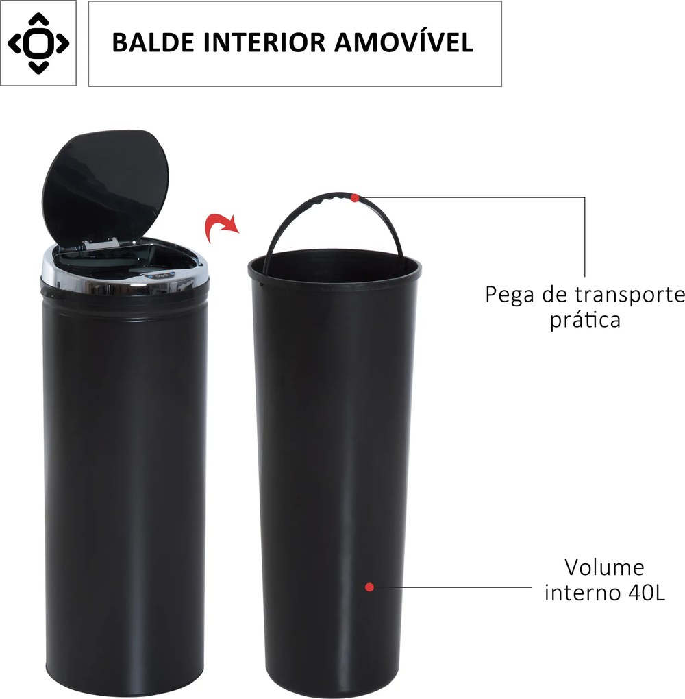 Balde do Lixo Automático 50L com Tampa de Fecho Suave e Silencioso Corpo em Aço Inoxidável Preto