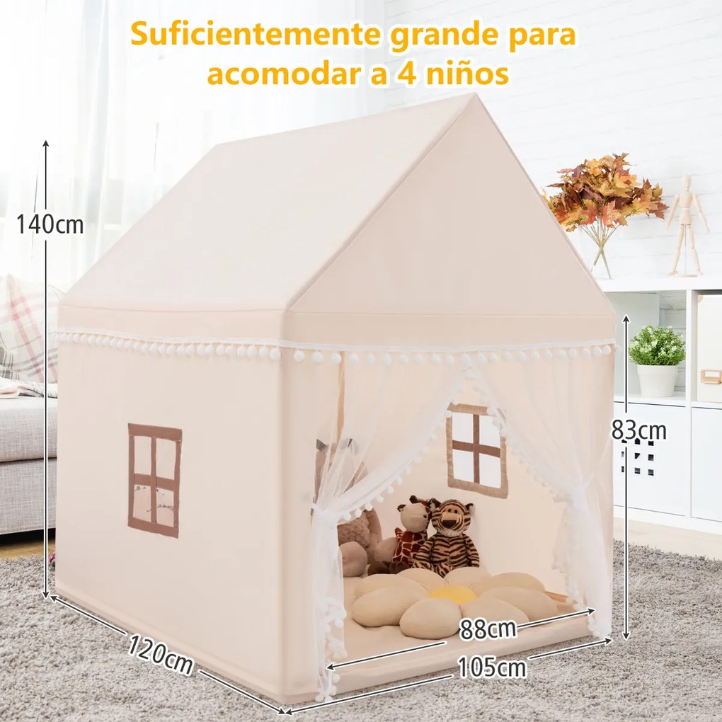 Casa em formato de barraca para crianças com estrutura em madeira maciça e manta de algodão 120 x 105 x 140 cm Bege