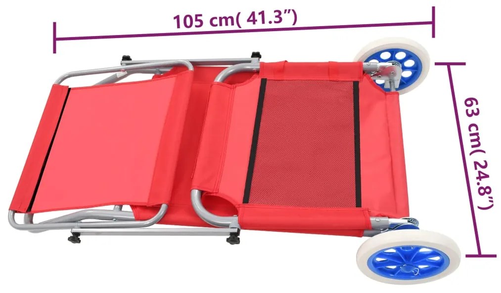 Espreguiçadeira dobrável com toldo e rodas aço vermelho