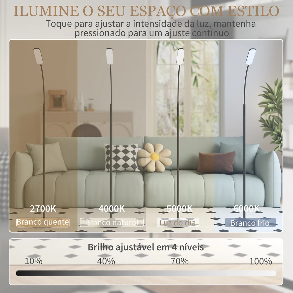 Candeeiro de Pé LED com Controlo Remoto e Tátil 5 Modos de Iluminação Temporizador de 60 Minutos Memória Ø22x175 cm Preto
