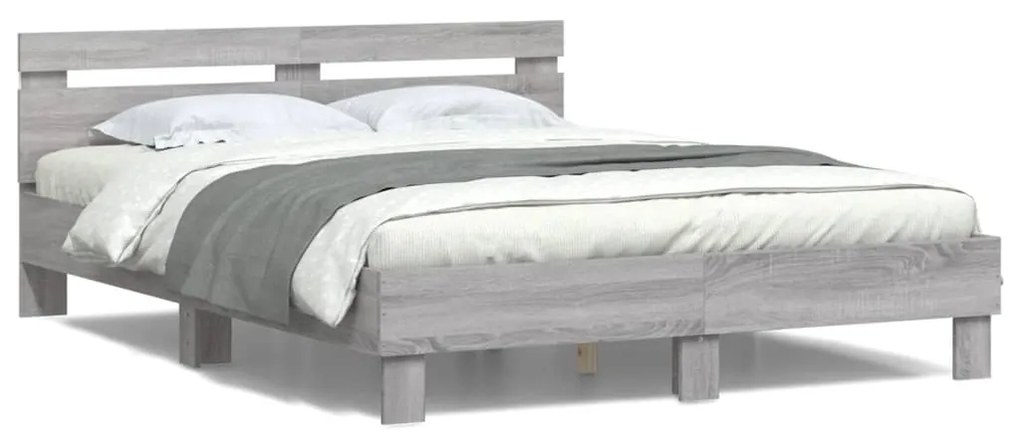 vidaXL Estrutura cama c/ cabeceira/luzes LED 150x200cm cinzento sonoma