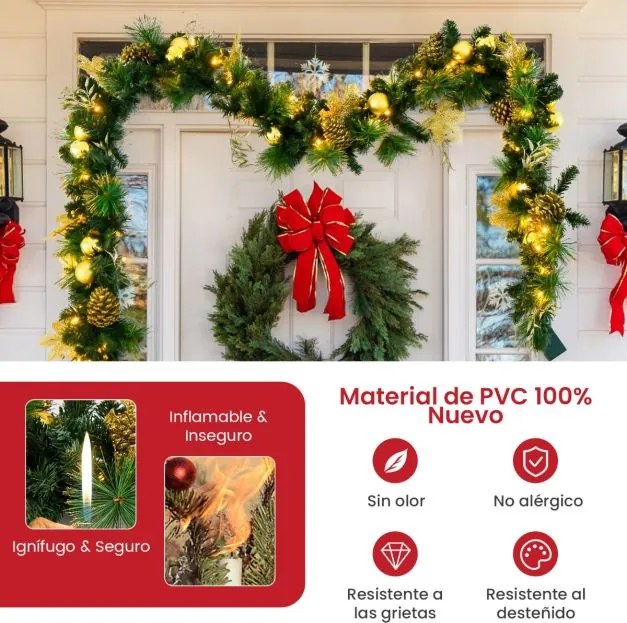 Grinalda de Natal Artificial 270 cm Pré-iluminada com Luzes LED Brancas Quentes para a Porta Principal, Escadas e Lareira Verde
