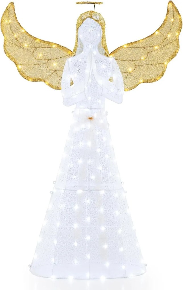 Anjo natal pré-iluminado de 155 cm Decoração de jardim iluminada com asas em forma de auréola e 150 luzes LED Figura de Natal com asas Flanges e estac