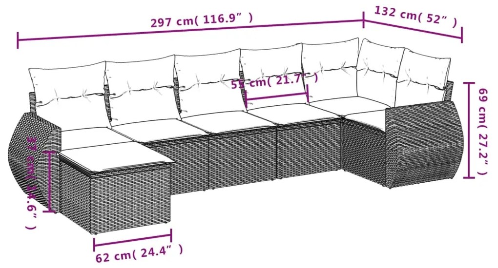 7 pcs conjunto de sofás jardim c/ almofadões vime PE castanho