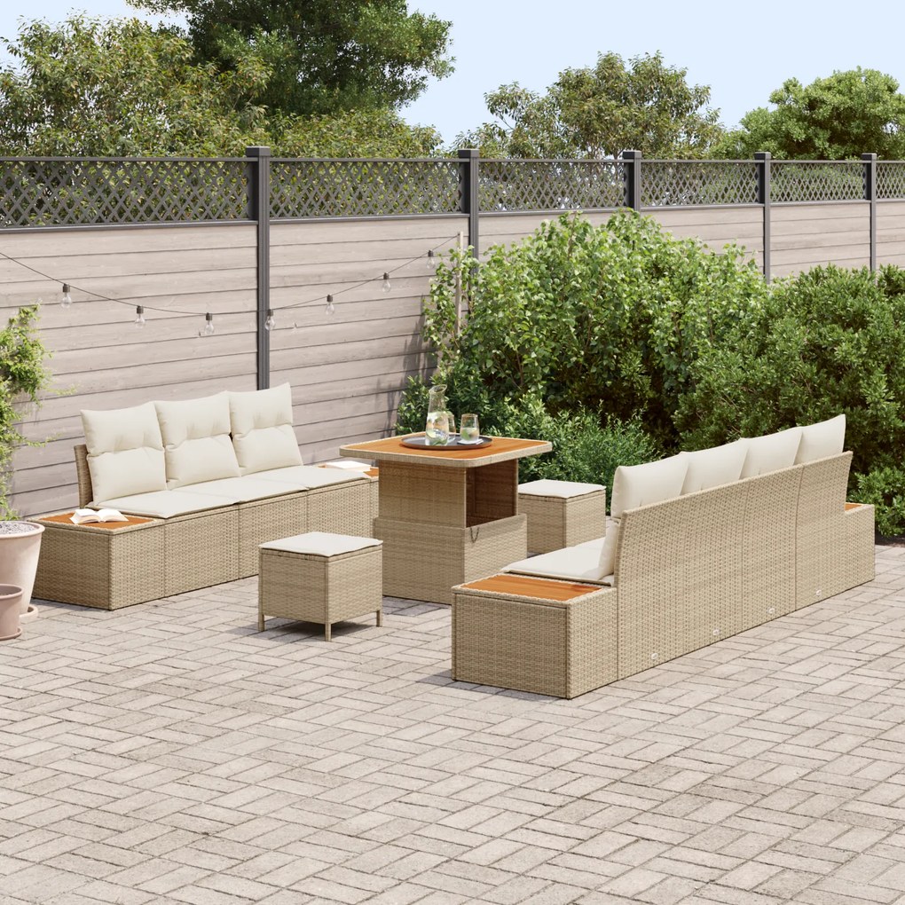 Conjunto de Sofá Jardim vidaXL 10 Peças com Almofadas Bege Polirattan