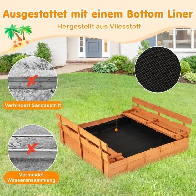 Caixa de areia para crianças com bancos de madeira, tampa e feltro para o chão, 120 x 120 cm Natural