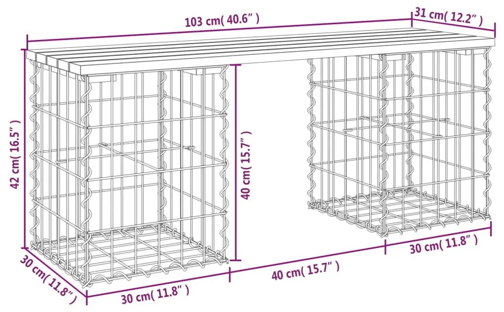 Banco de jardim c/ design gabião 103x31x42 cm pinho maciço