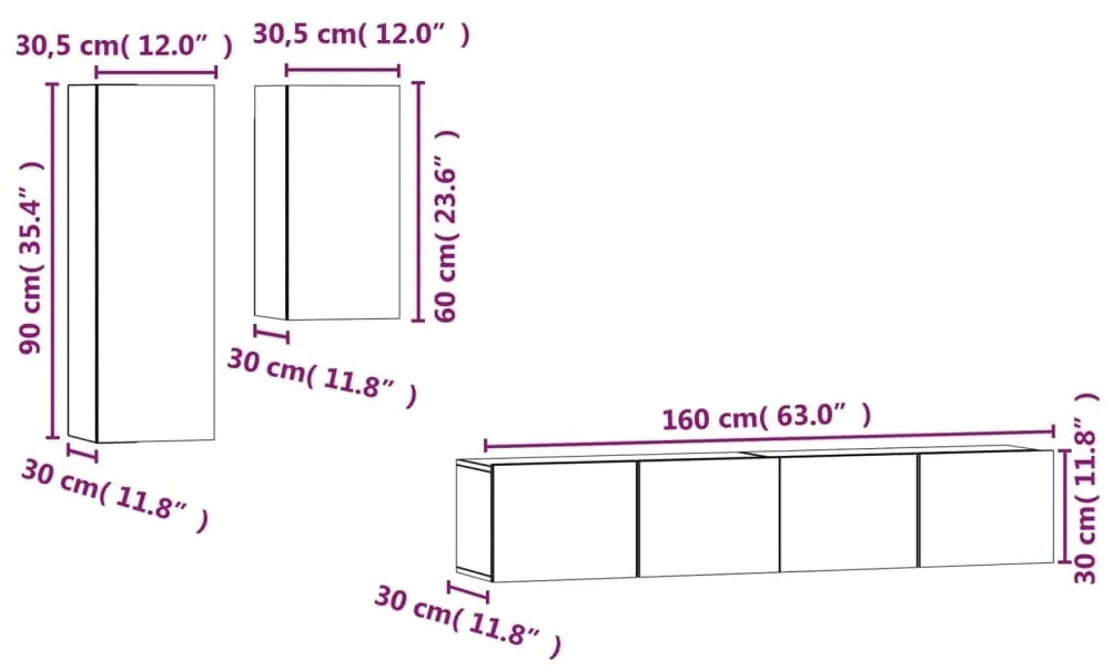 4 pcs conjunto móveis TV derivados de madeira cinzento cimento