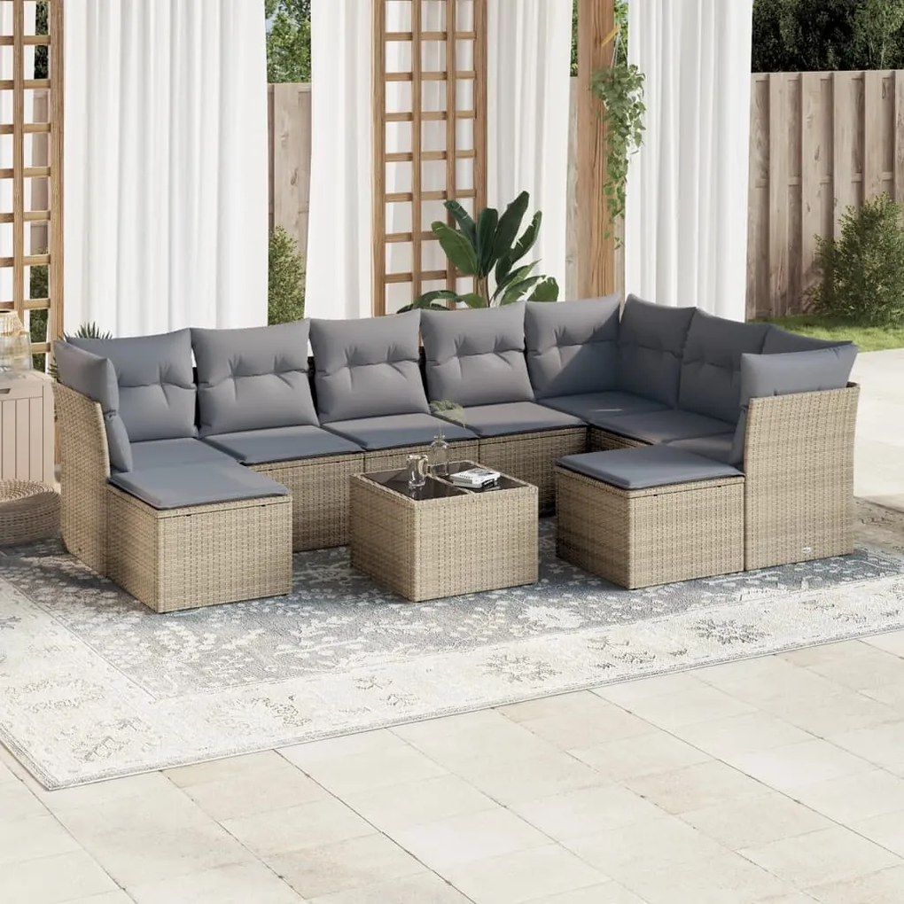 vidaXL 10 pcs conjunto de sofás p/ jardim com almofadões vime PE bege