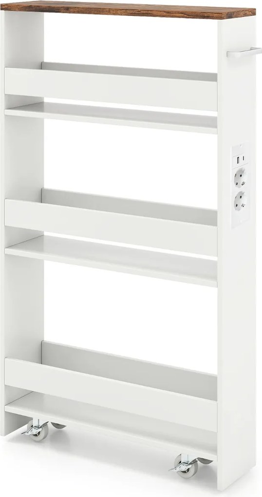 Carrinho cozinha estreito 47,5 x 13 x 80,5 cm com estação de carregamento de 4 níveis com rodas bloqueáveis Branco + Cor Nogueira