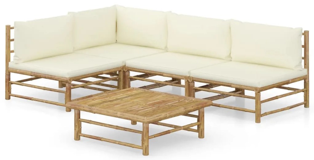 5 pcs conj. lounge p/ jardim em bambu c/ almofadões branco nata