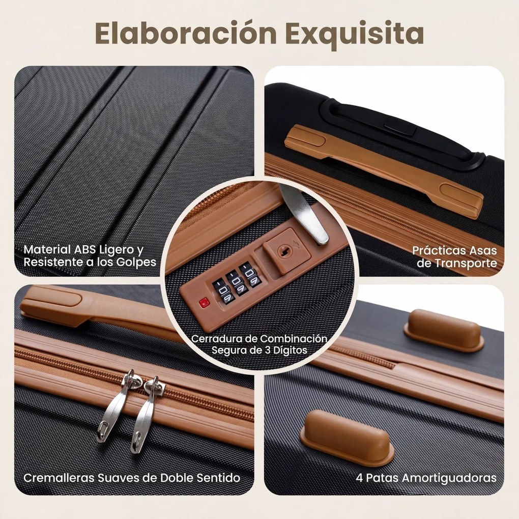 Conjunto de 5 malas rígidas em ABS com 3 tamanhos, pega telescópica, rodas duplas de 360°, fecho de segurança, expansível, bolsa de higiene e bolsa de