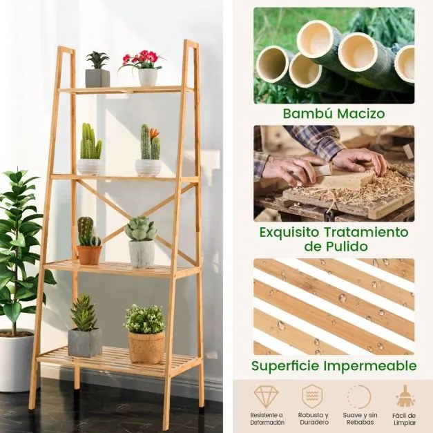 Estante de bambu para escadaria 4 níveis Suporte para plantas Anti-ponta para sala de estar e escritório 60 x 35,5 x 148 cm Natural