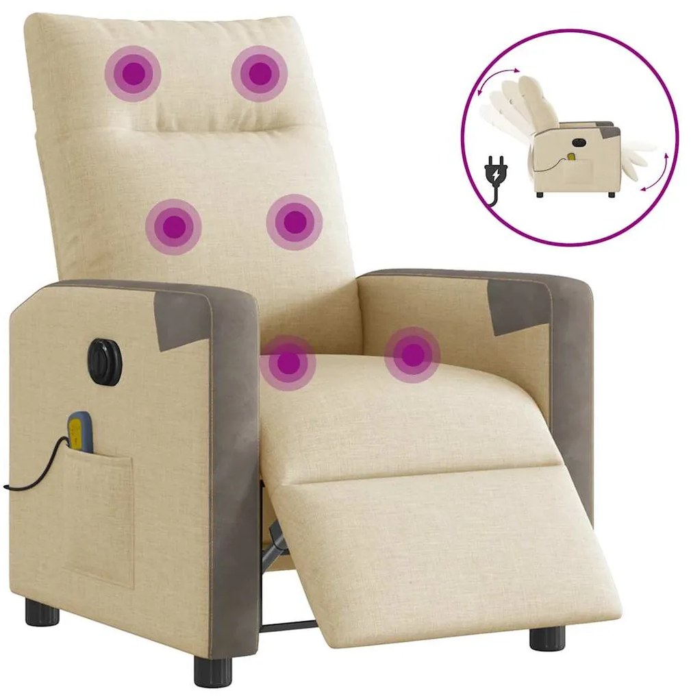 vidaXL Poltrona de massagens reclinável elétrica tecido creme