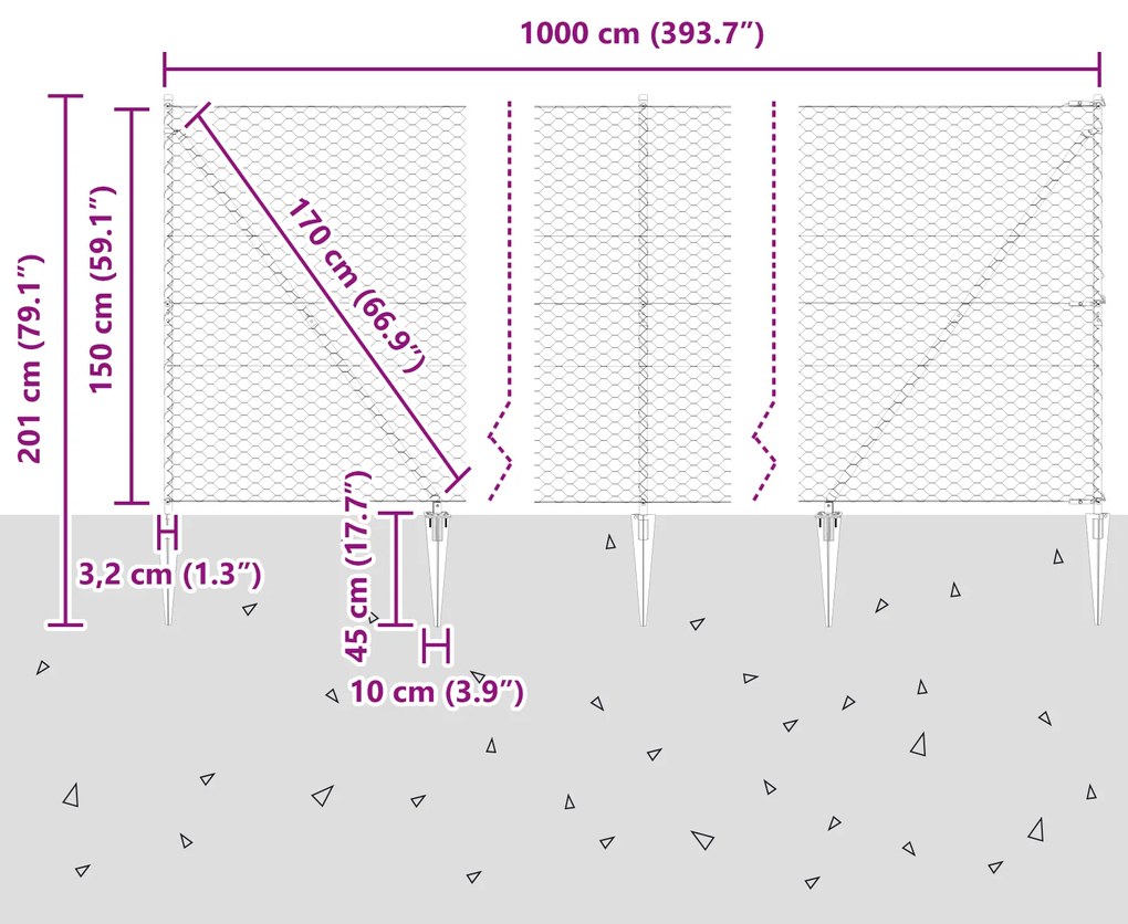 Cerca Hexagonal vidaXL Cinza 1,5x10 m Aço