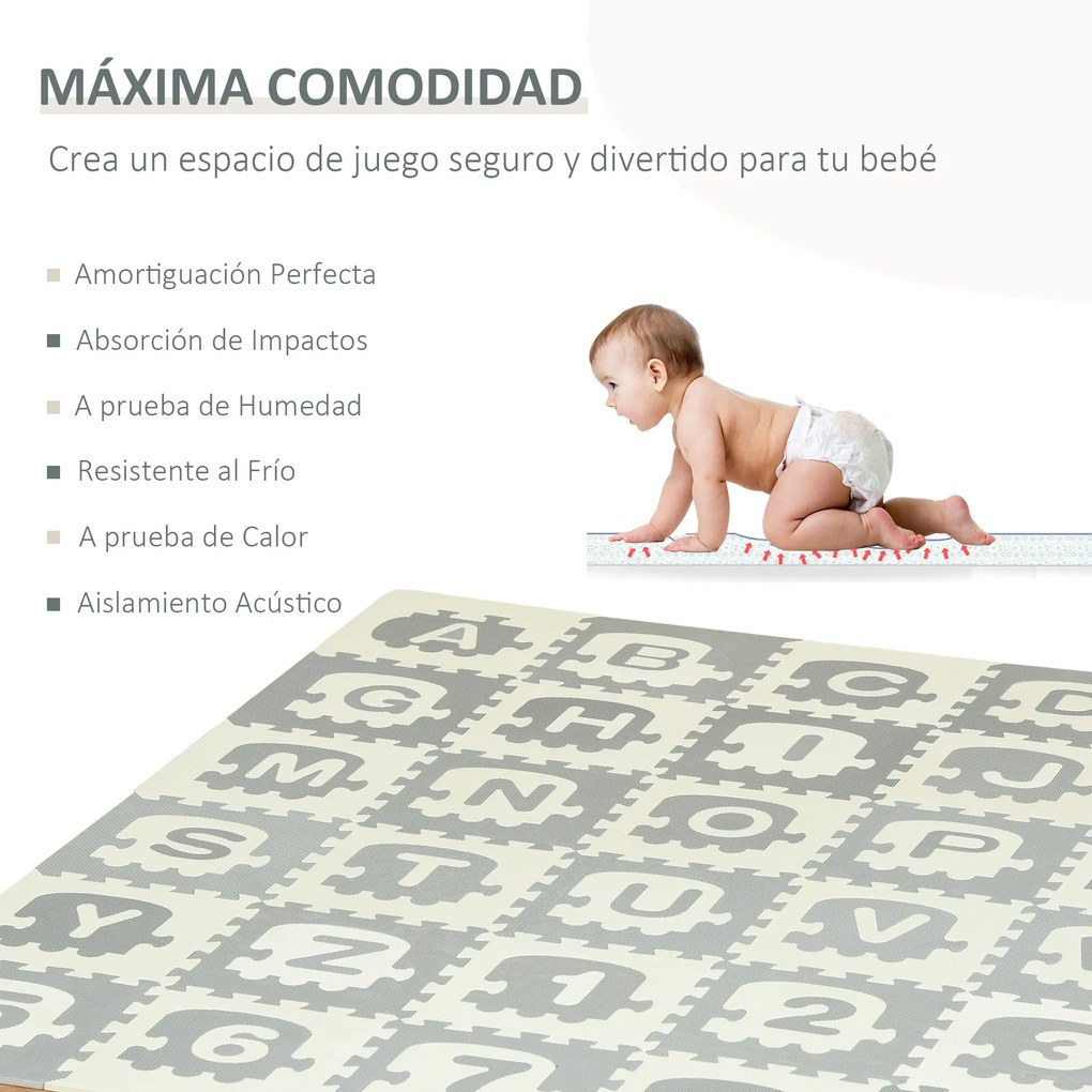 HOMCOM Tapete Puzzle para Bebés 36 Peças 31,5x31,5cm com 26 Letras (A-Z) e Números 0 ao 9 Quebra Cabeça Infantil de 3,24m² Espuma EVA Suave Cinza e Branco