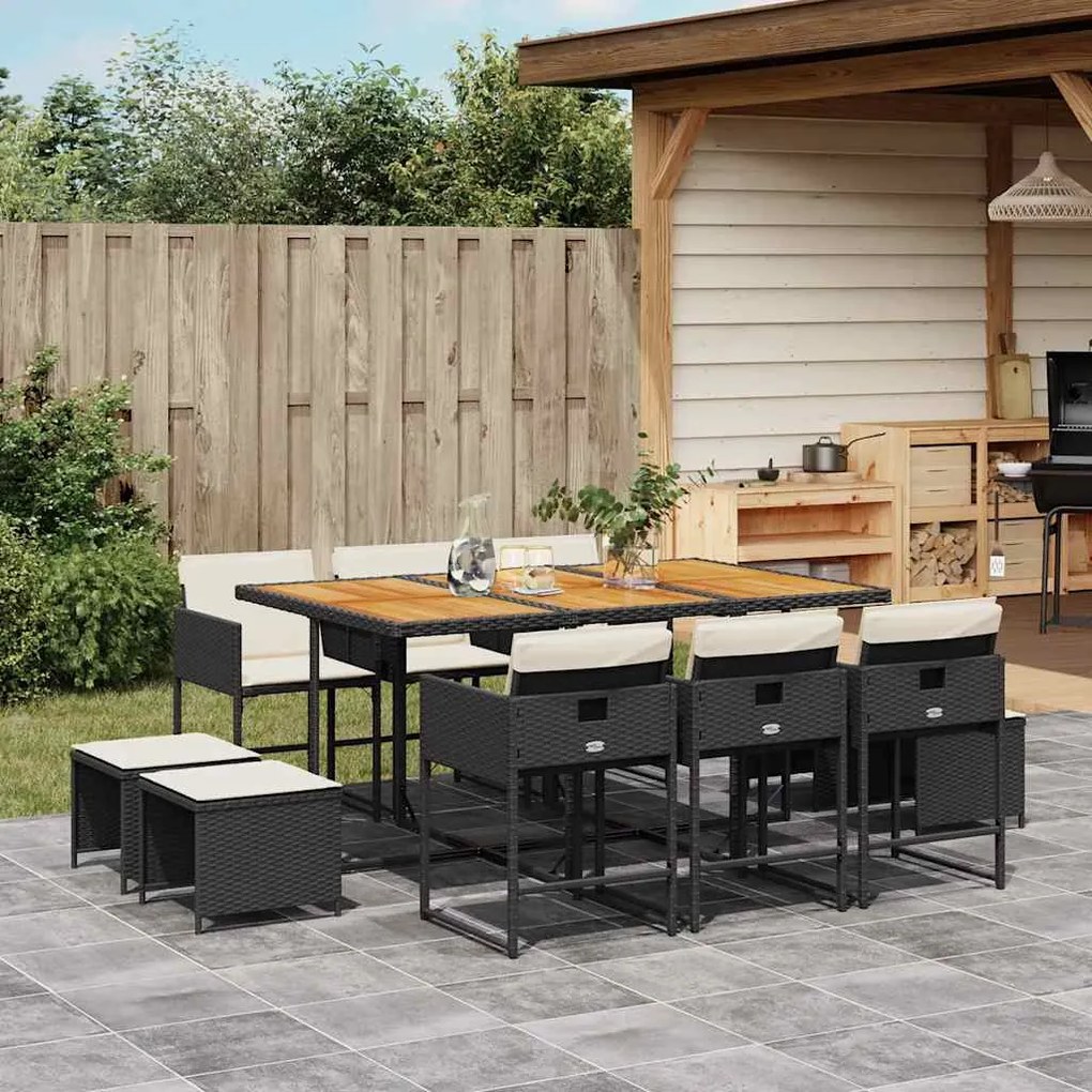 11 pcs conjunto de jantar p/ jardim c/ almofadões vime PE preto