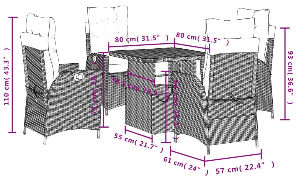 5 pcs conjunto de jantar p/ jardim com almofadões vime PE bege
