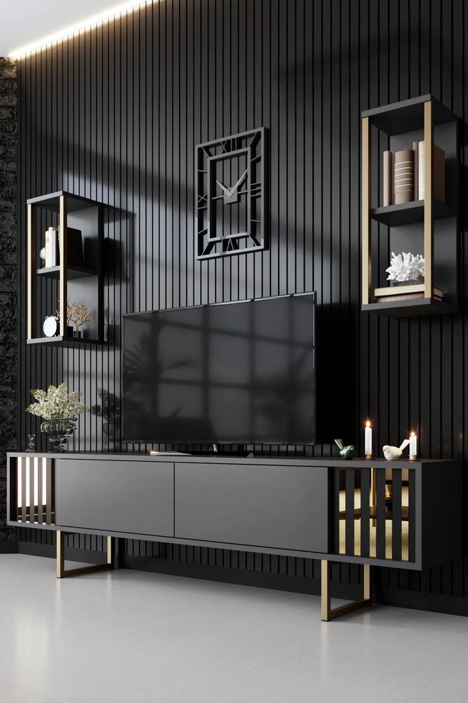Conjunto de Mobiliário de Sala de Estar Gold Line – Antracite/Dourado