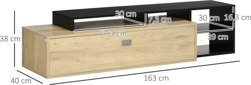 Móvel para televisão para ecrãs até 65 polegadas, com prateleira removível 163 x 40 x 38 cm preto e natural