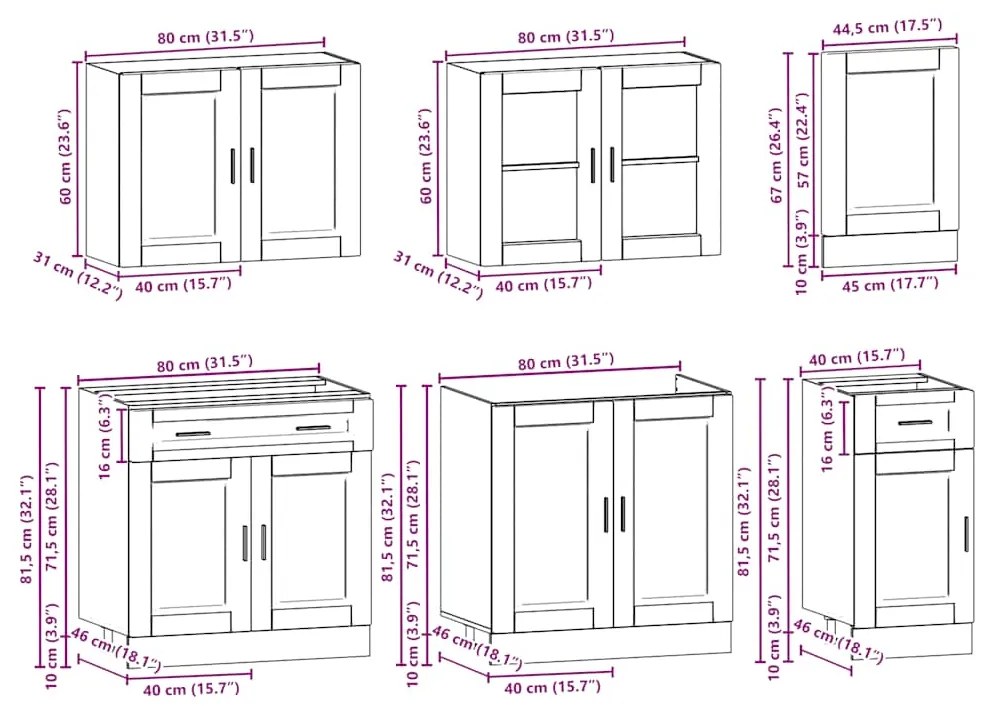 7 peças armário de cozinha conjunto Kalmar carvalho fumado