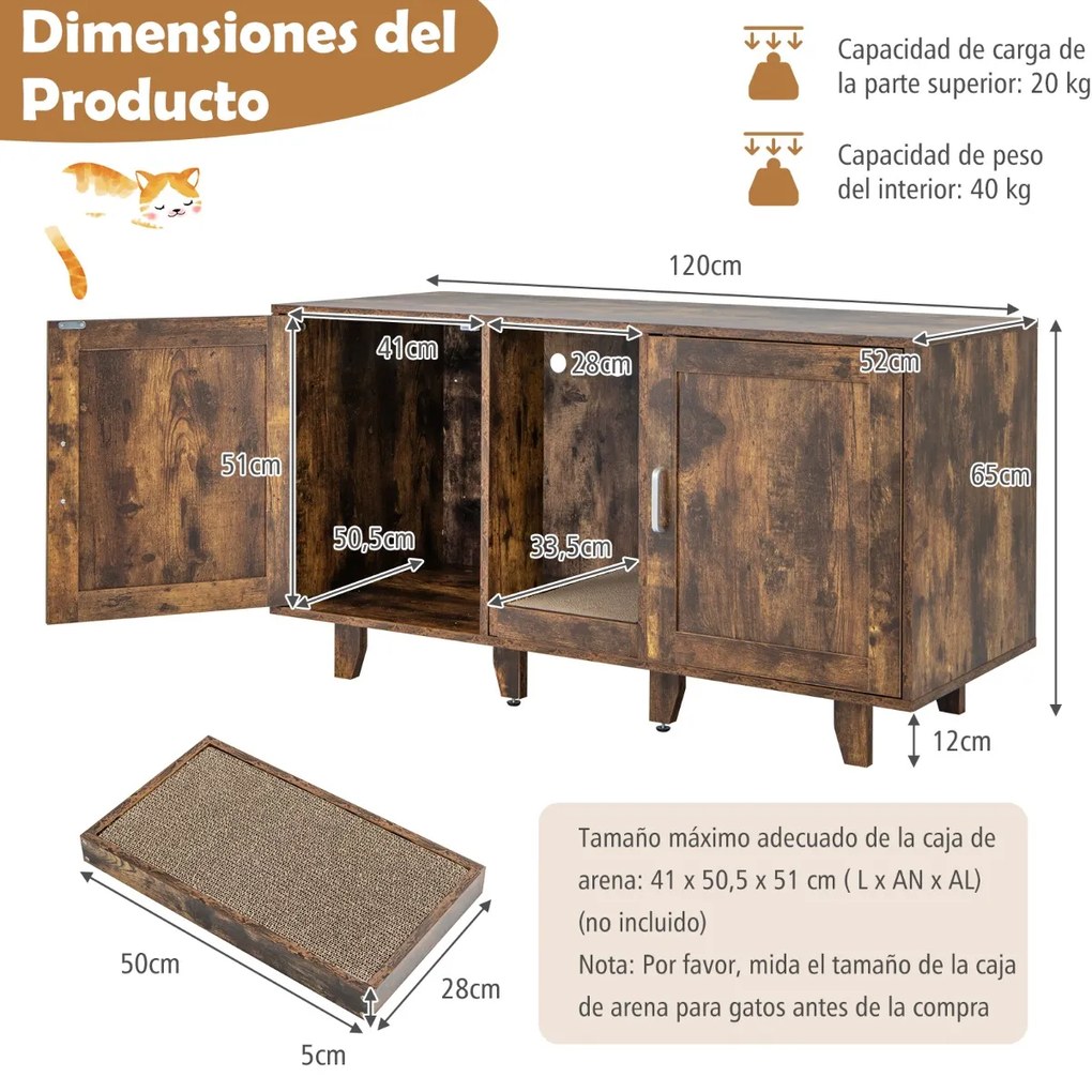 Caixa areia para gatos com tábua de raspar escondida para a casa de banho e pernas de madeira amovíveis 120 x 52 x 65 cm Castanho