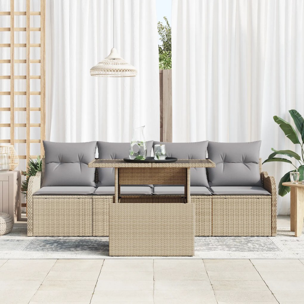 Conjunto de Sofá de Jardim com Almofadas Bege Poly Rattan vidaXL de 5