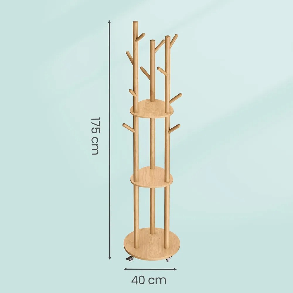Cabide com 11 ganchos e 3 prateleiras 40 cm (diâmetro), 175 cm (altura), 4 rodas giratórias e amovíveis cor natural