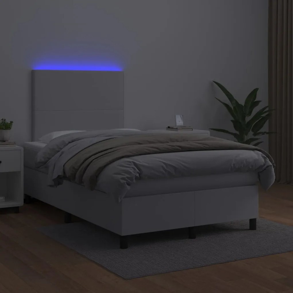 Cama box spring c/colchão/LED 120x200cm couro artificial branco