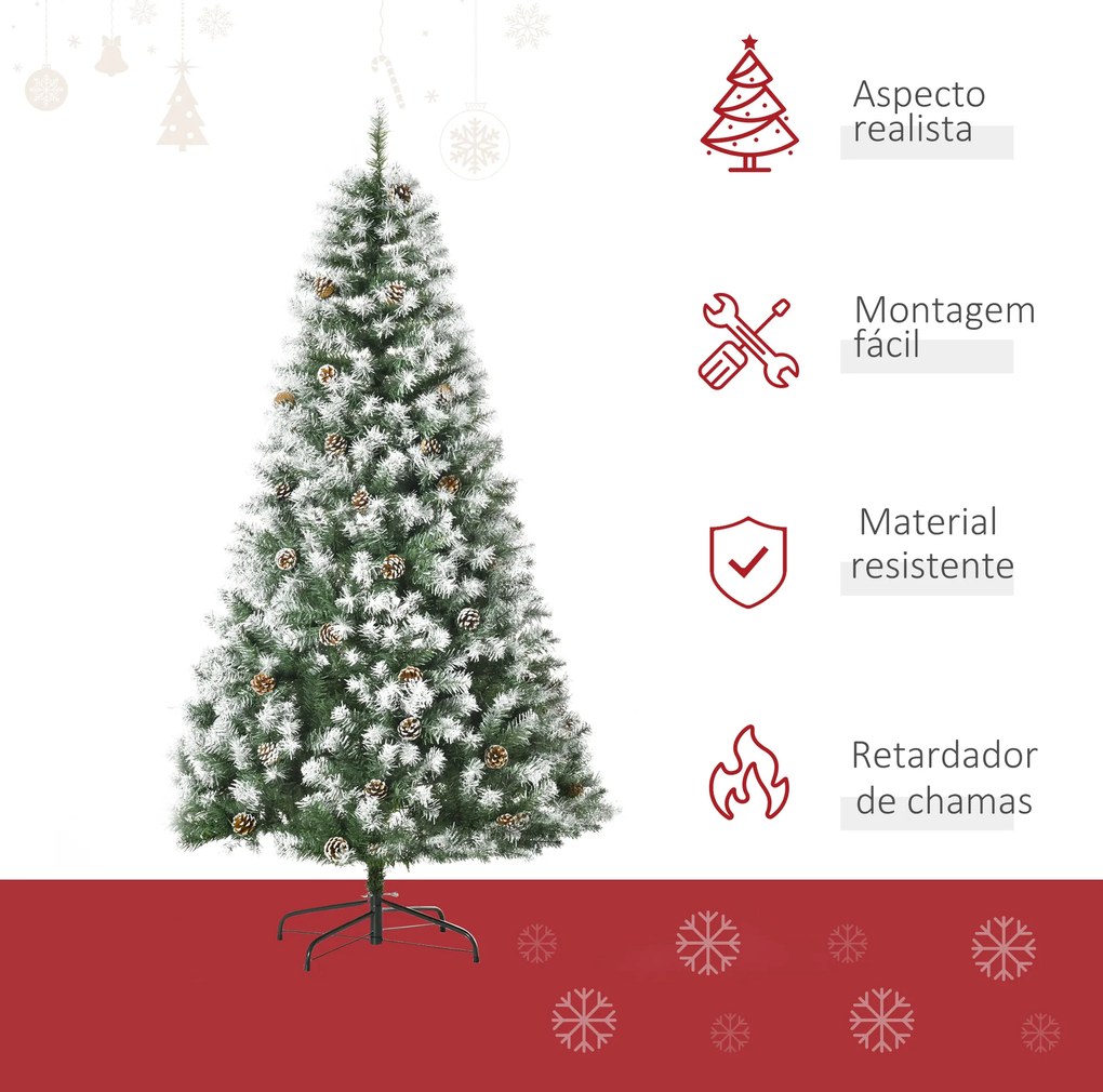 HOMCOM Árvore de Natal Artificial 180cm com 800 Ramos e 61 Pinhas Folhas de PVC com Efeito de Neve Base Dobrável e Suporte Metálico para Interiores Verde
