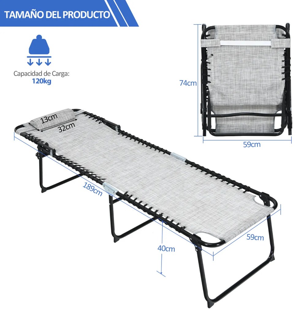 Espreguiçadeira de praia dobrável portátil Cadeira reclinável com encosto ajustável em 4 posições para campismo Pátio Piscina 189 x 59 x 40 cm Cinzent