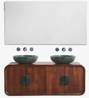 Conjunto De Móvel De Casa De Banho Dupla Suspensa 130x45 Cm Em Madeira De Manga E Pedra Natural Kivalina Retangular Led E Anti-embaciamento 140x75 Cm