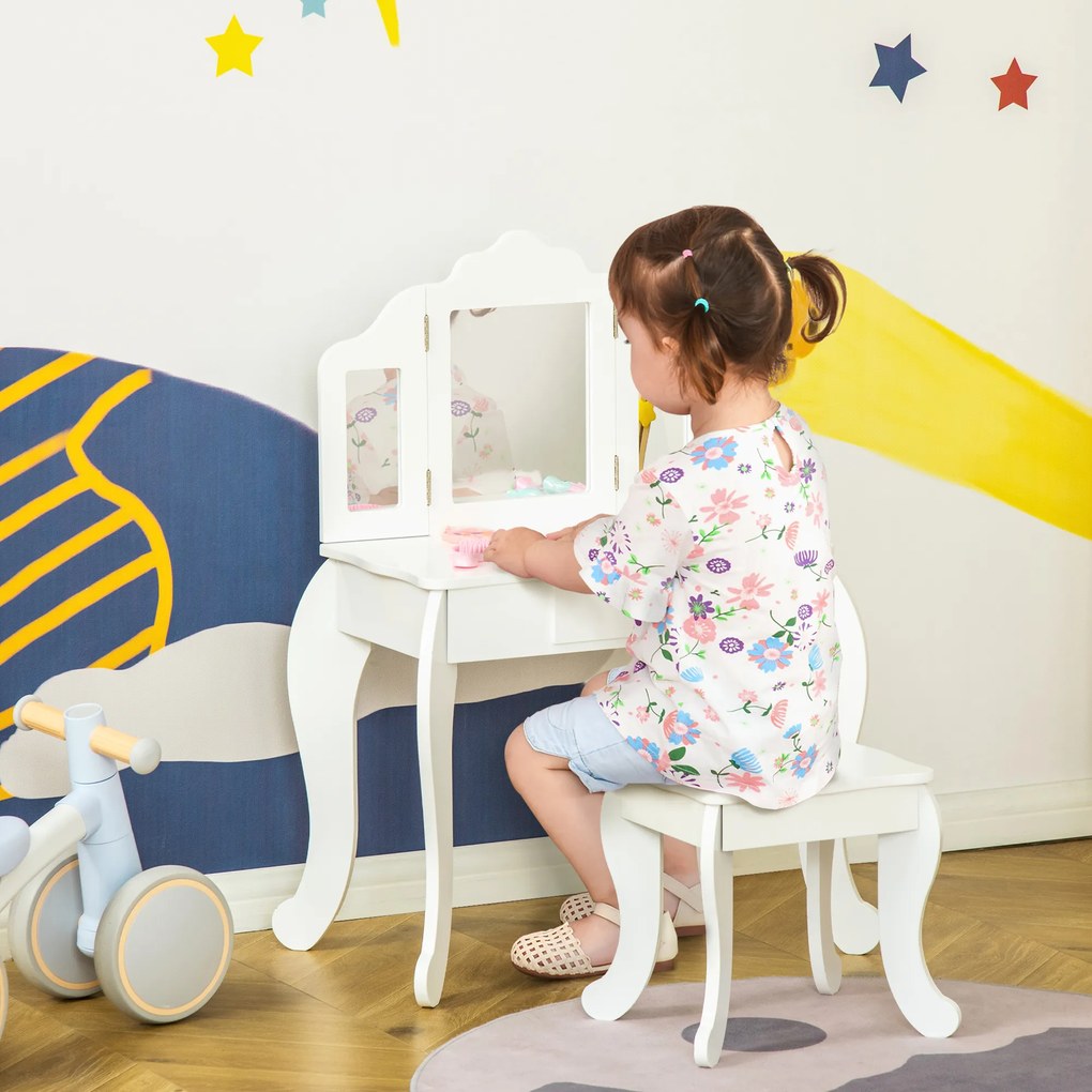 Toucador infantil com banquinho com espelho triplo e gaveta deslizante 63 x 40 x 85,5 cm - Branco acrílico