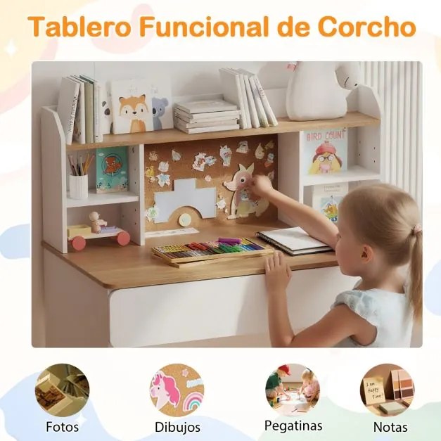Secretária infantil 90 x 48 x 109 cm com estação de carregamento, tampo amplo, prateleiras ajustáveis e 2 gavetas para crianças para estudo,, branca