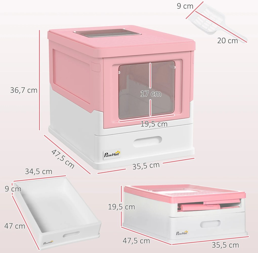 Caixa de Areia para Gatos Dobrável Caixa de Areia para Gatos Fechada com Bandeja Removível e Pá 47,5x35,5x36,7cm Rosa