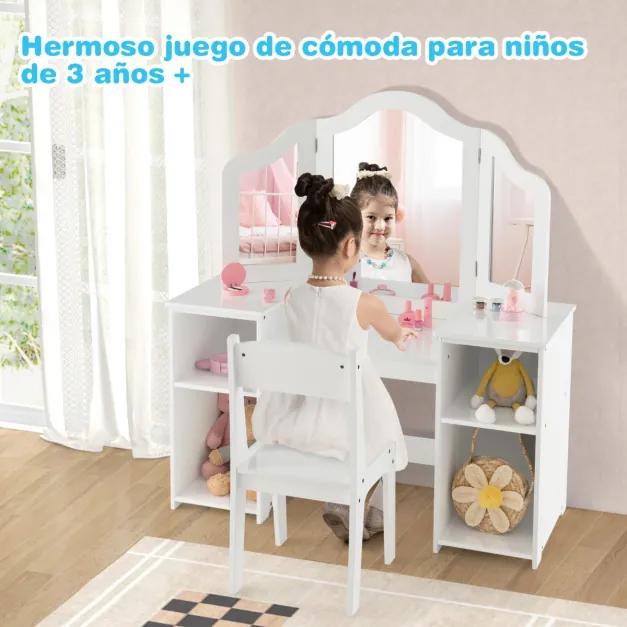 Toucador e cadeira para crianças com espelho triplo amovível 4 compartimentos de arrumação Branco