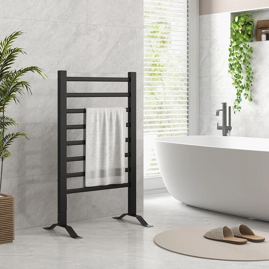 HOMCOM Toalheiro Elétrico de Parede ou Solo 150 W Aquecedor de Toalhas de Liga de Alumínio com Função de Temporizador e 8 Barras para Casa de Banho 53x35x90 cm Preto