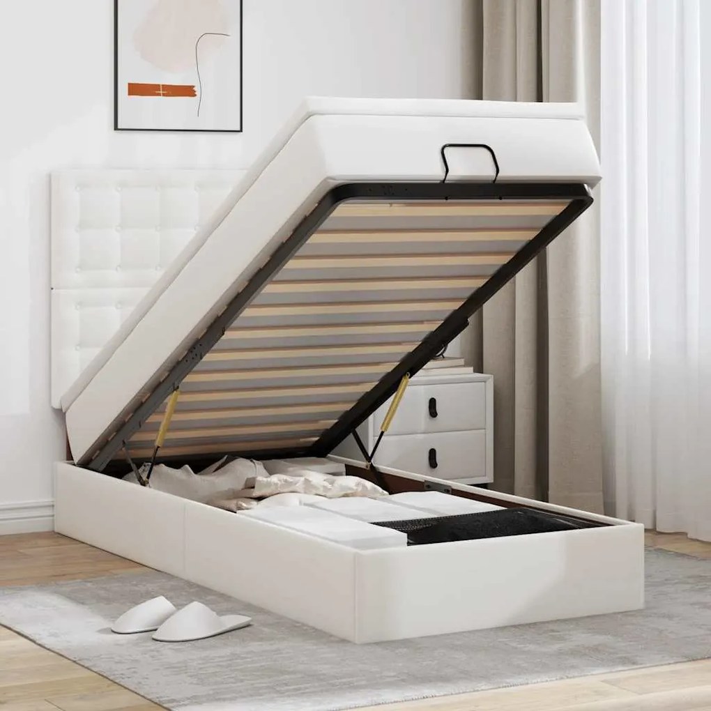 vidaXL Cama otomana com colchão 90x200 cm couro artificial branco