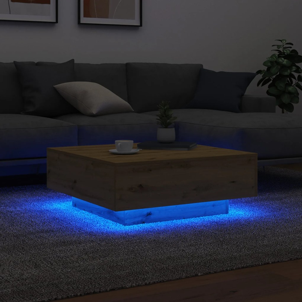 Mesa de Centro vidaXL com Luzes de LED Carvalho Artesanal 80x80x31 cm