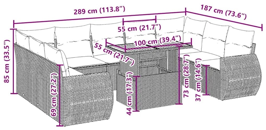 10 pcs conjunto de sofás p/ jardim com almofadões vime PE bege