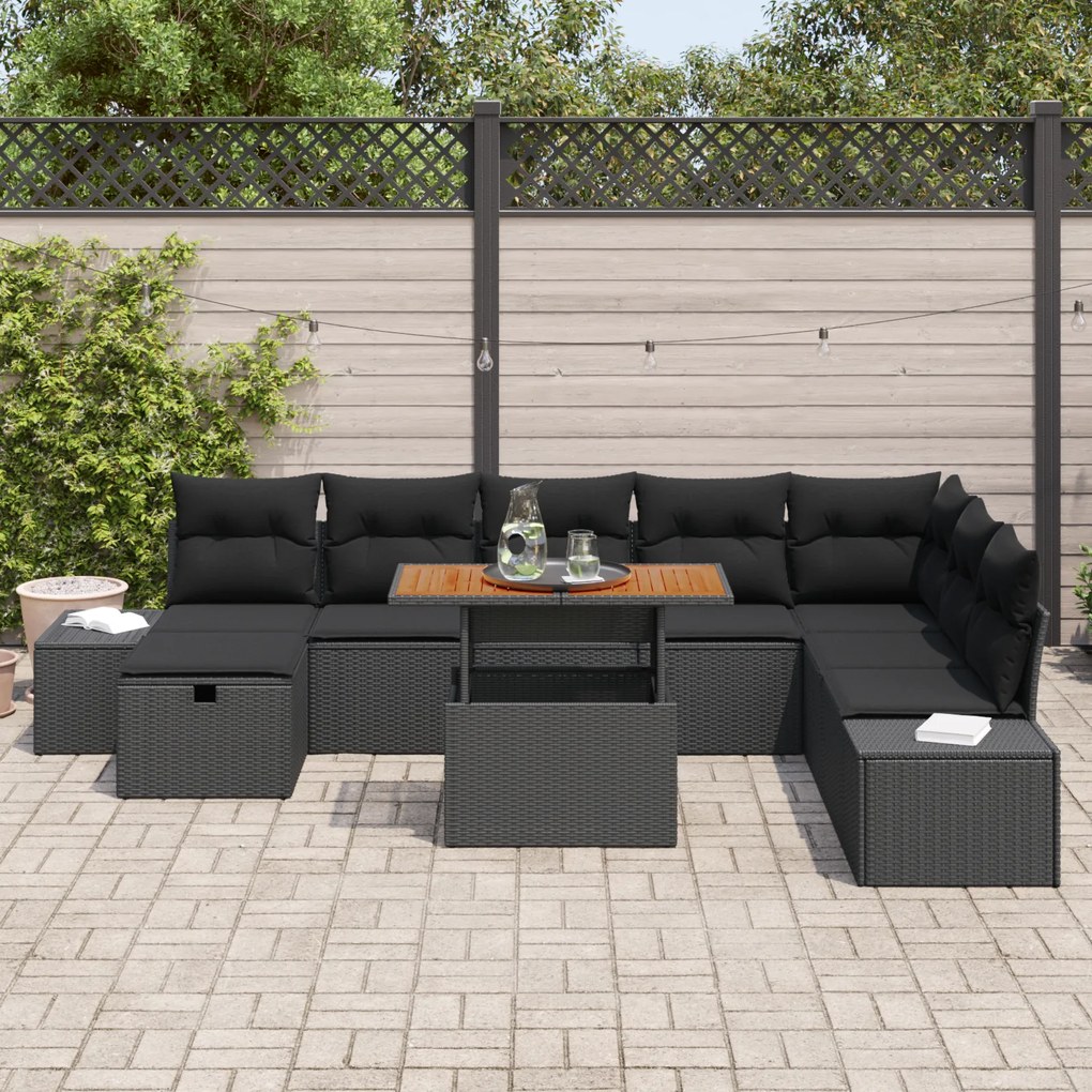 Conjunto de Sofá de Jardim 9 Peças com Almofadas Preto em Rattan Polié