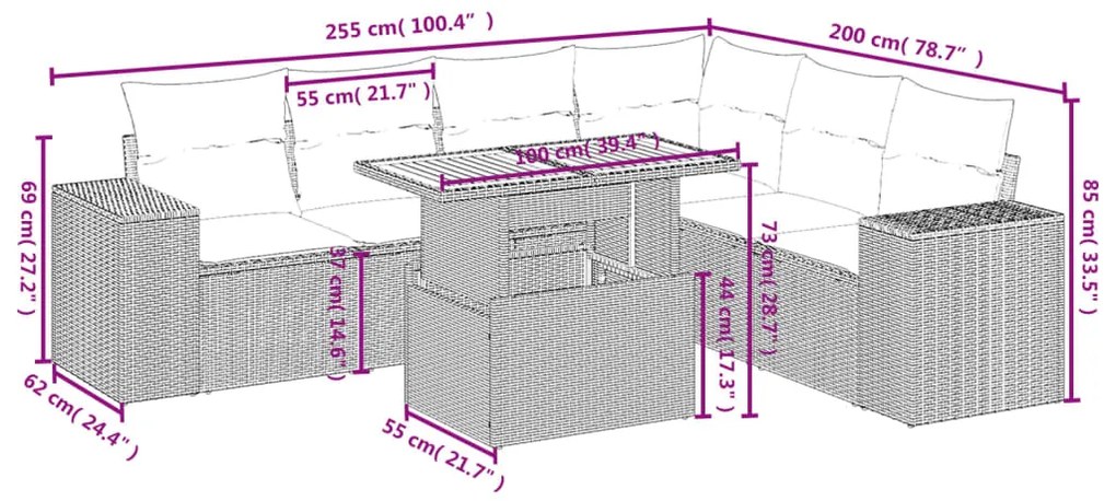 7 pcs conjunto sofás p/ jardim c/ almofadões vime PE cinzento