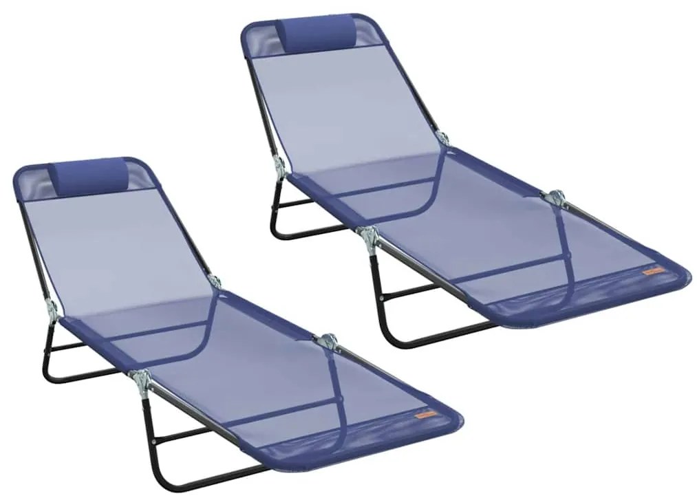 Espreguiçadeiras Dobráveis 2 pcs com Apoio de Cabeça Azul Textilene