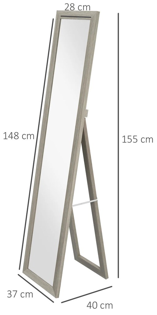 Espelho de Pé 37x155 cm Espelho de Corpo Inteiro Espelho de Parede Retangular com Estrutura de Madeira Cinzento